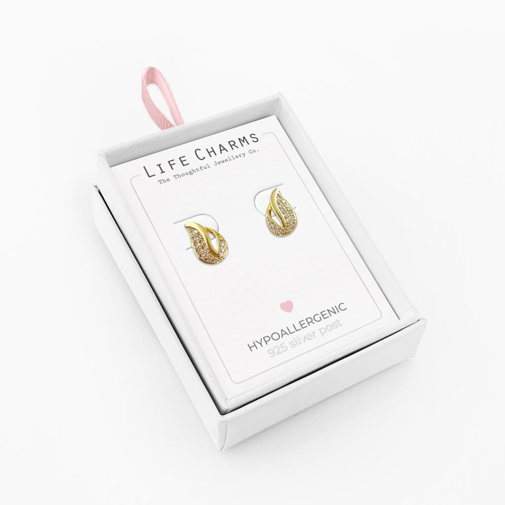 Life Charms Diamond Gold Drop Stud Earrings