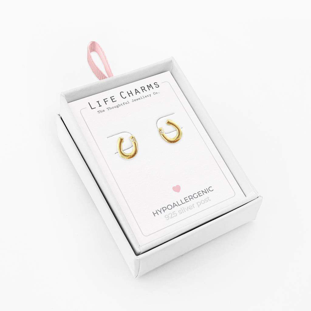 Life Charms Lucky Horseshoe Gold Stud Earrings