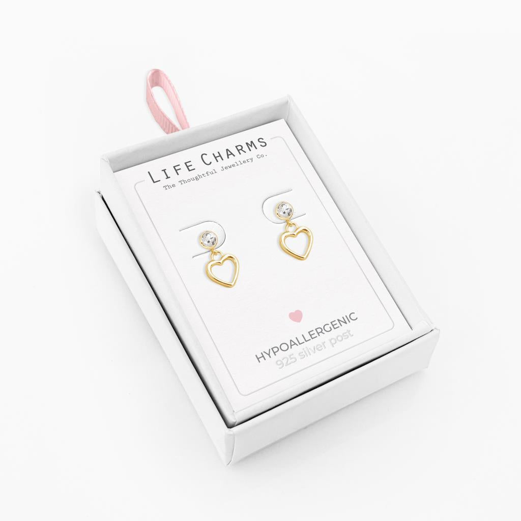 Life Charms Gold Open Heart Drop Stud Earrings