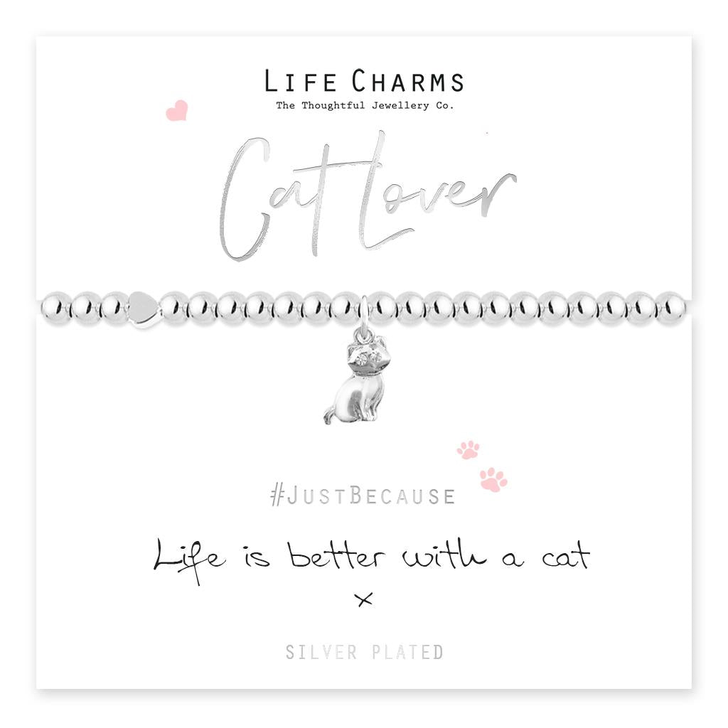 Life Charms Silver Plated Beaded Stretch Bracelet - Cat