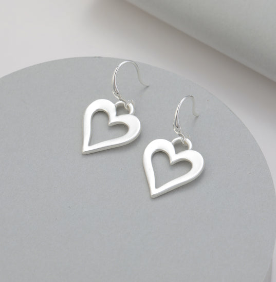 Gracee Brushed Silver Open Heart Drop Earrings