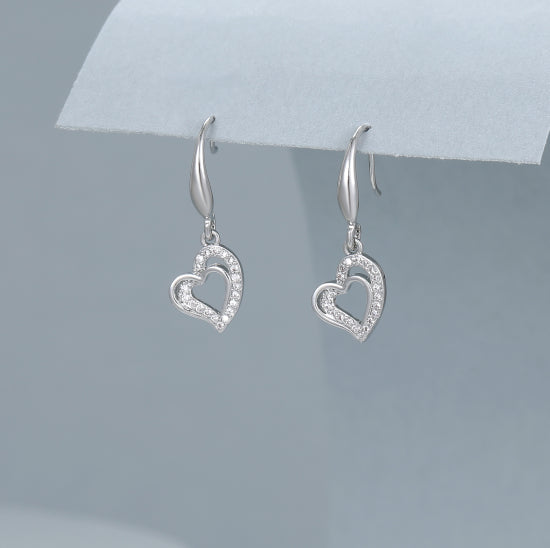 Gracee Silver Open Heart Drop Earrings with Embedded Crystals