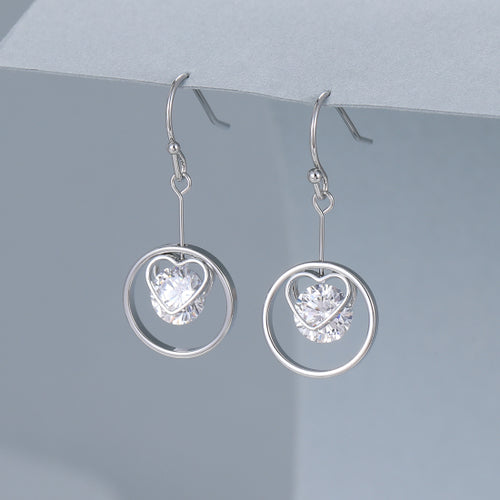 Gracee Silver Heart Inside Circle with Crystal Drop Earrings