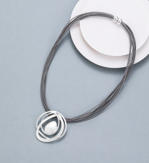 Gracee Short Cord Necklace with Silver Overlapping Circles Pendant