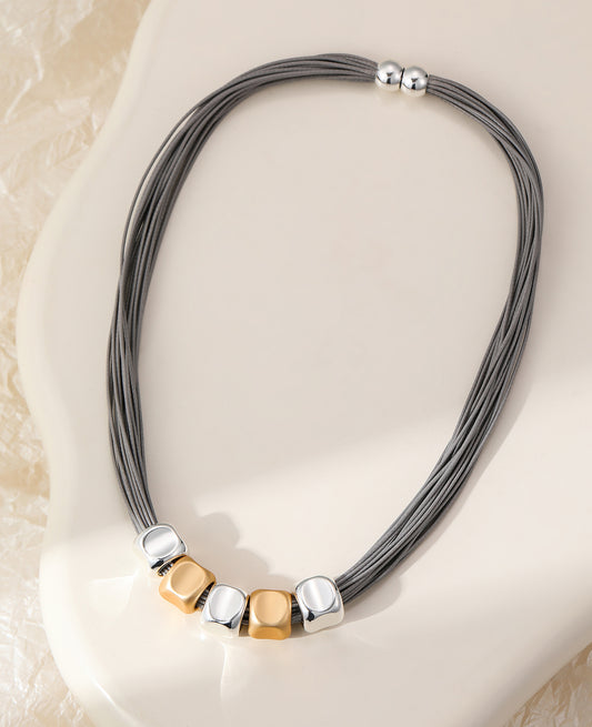 Gracee Short Cord Necklace with Silver, Gold Beads