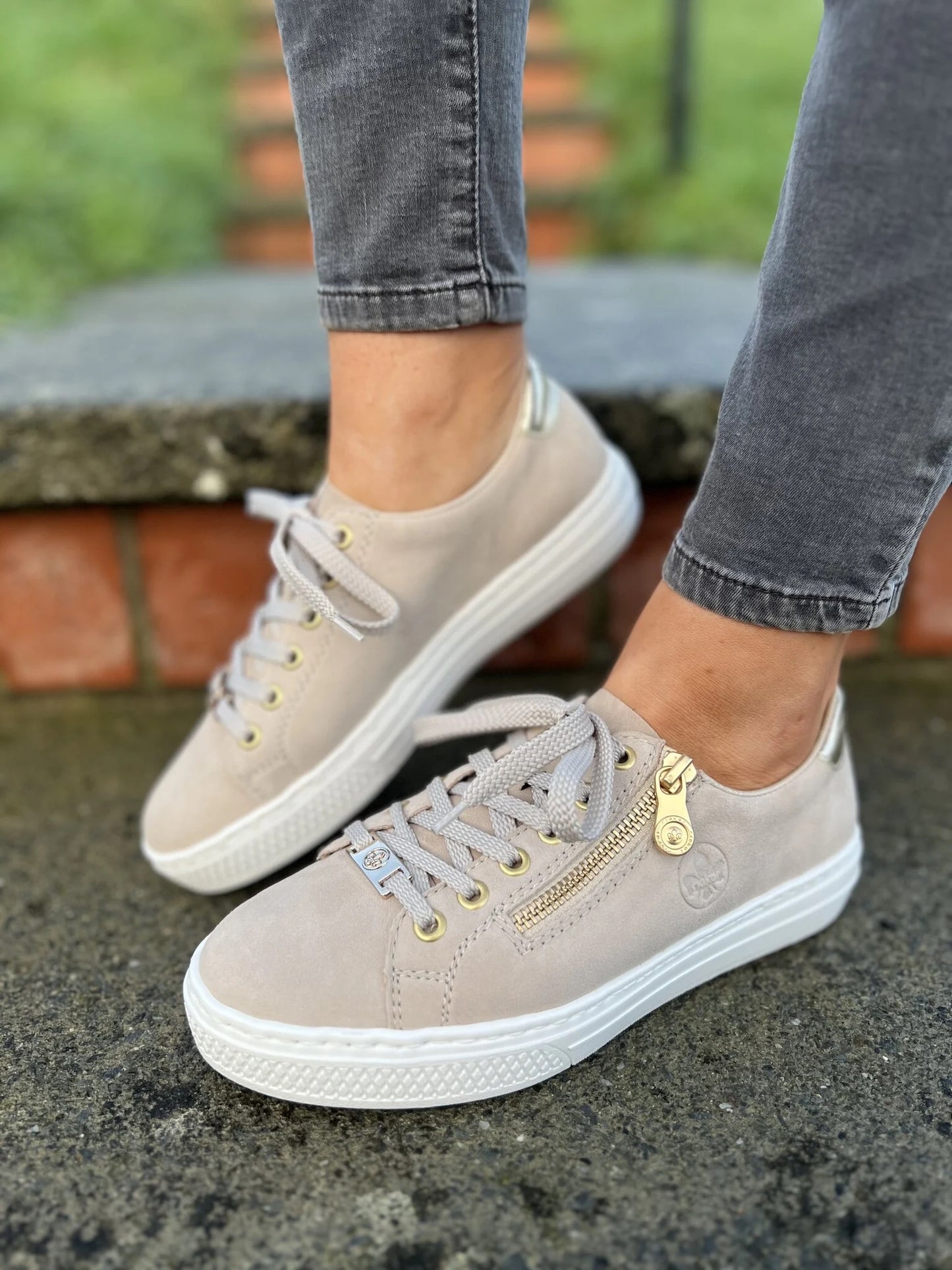 Rieker L59L1 Lace Up  Leather Trainers  - Beige