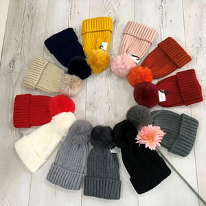 Knitted Ribbed Pom Pom Hat - Choice of colours