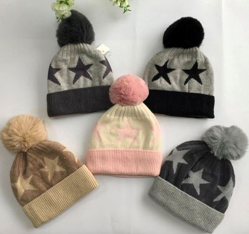 Knitted Giant Stars Pom Pom Hat - Choice of colours