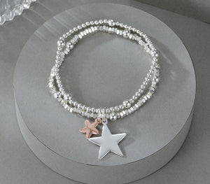 Gracee Double Layered Beaded Stretch Bracelet with Silver & Rose Gold Star Charms
