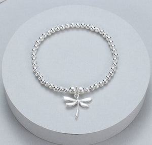 Gracee Silver Beaded Stretch Bracelet with Dragon Fly Charm