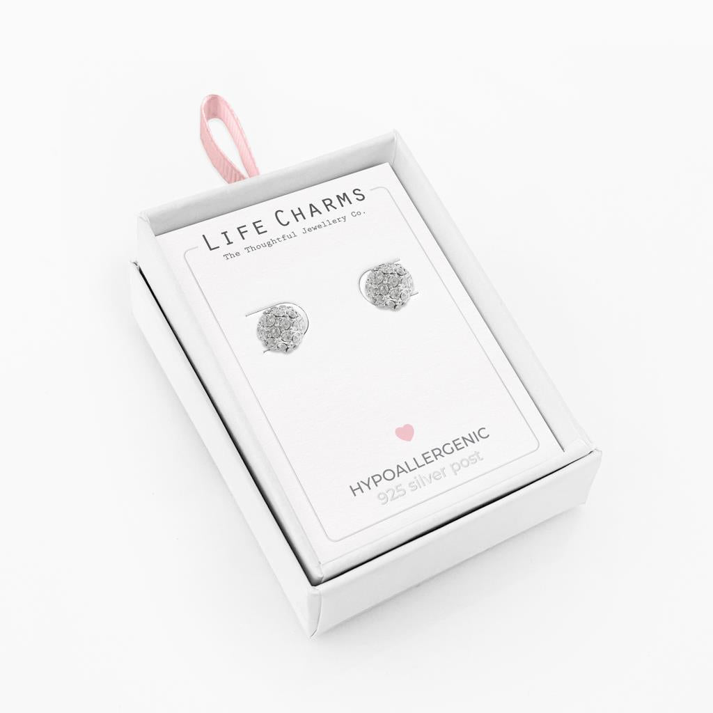 Life Charms Crystal Disco Ball Silver Stud Earrings