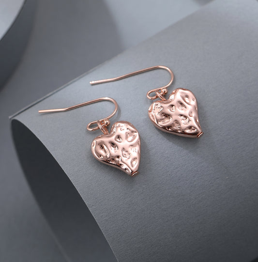 Gracee Rose Gold Hammered Heart Drop Earrings