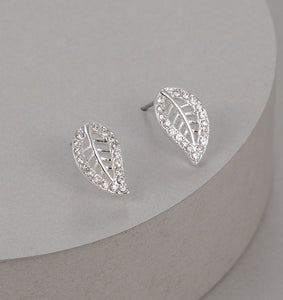 Gracee Silver Leaf Stud Earrings with Crystal Edge