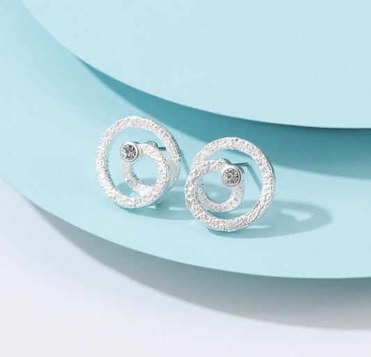 Gracee Hammered Silver Swirl Stud & Crystal Earrings