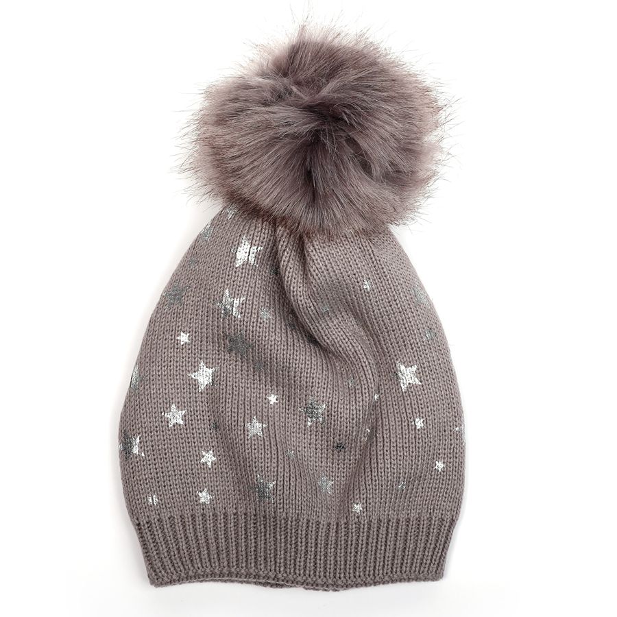 Glitter Star Winter Pom Pom Hat - Grey